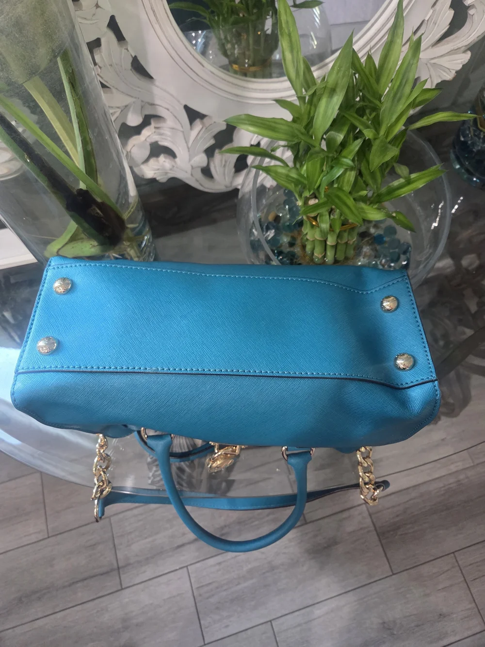 Michael Kors Teal Saffiano Leather Shoulder Bag with Gold Hardware